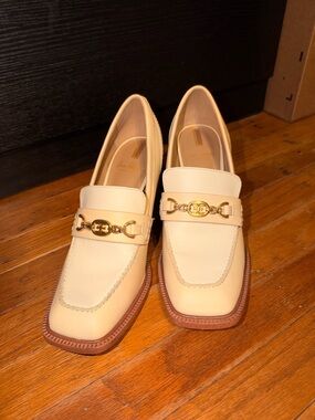 Cream Sam Edelman Women's Leather Loafers with Gold Hardware